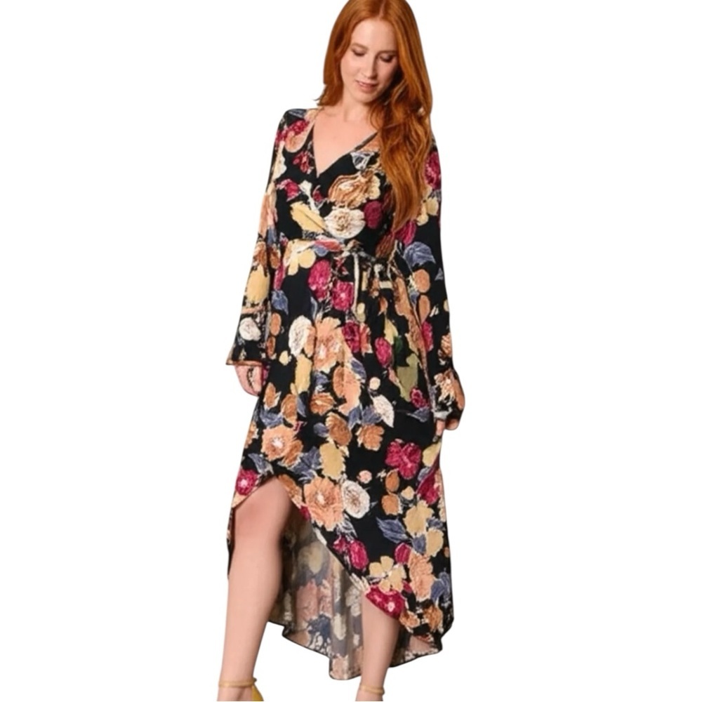 Band of the Free Floral Gypsy Black Berry Lo Faux Wrap Midi Dress S